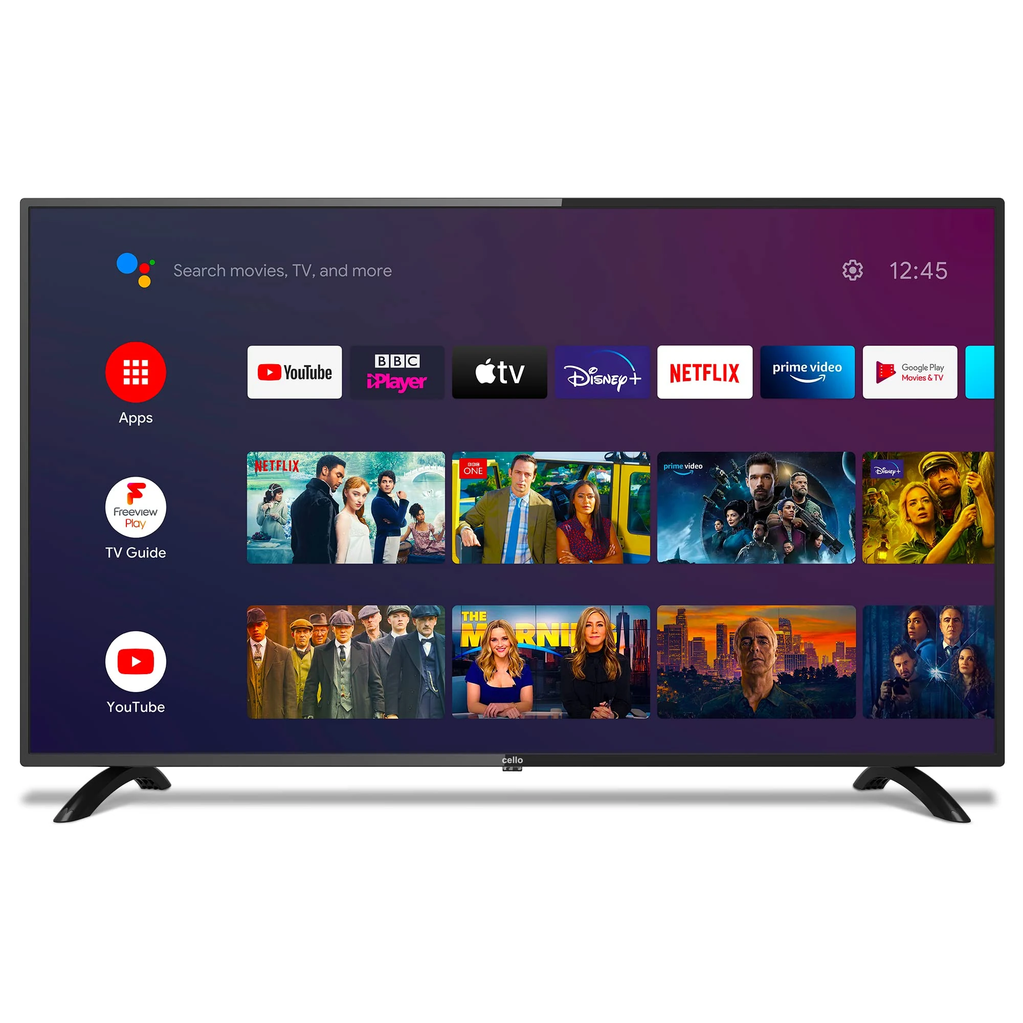 Cello Google 43” Smart Android TV 4K Ultra HD with Freeview Play, Google Assistant, Google Chromecast, Disney+, Netflix, Prime Video, Apple TV+, BBC iPlayer Made in the UK