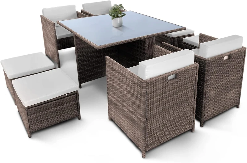 KEPLIN 9pc Rattan Garden Furniture Set – Outdoor Lounger Sofa, Chairs and Table Bistro Set for Lawn, Patio, Inside Conservatory – Easy to Store, Stackable, Ideal for Dining in the Sun- CREAM