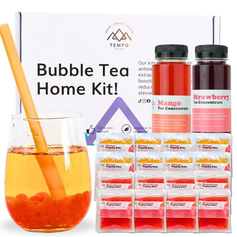 Bubble Tea Kit (Serves 16) - Mango & Strawberry with Mango & Strawberry Popping Boba, Fruit Tea Concentrate, Low Calorie, Low Sugar