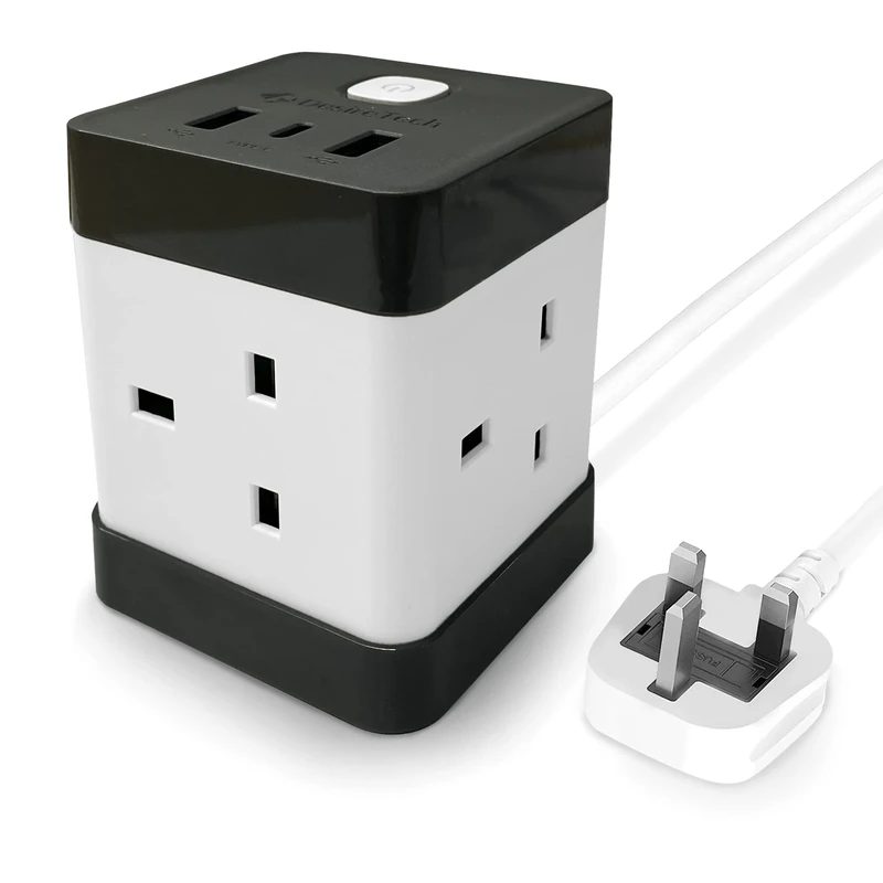 DESIRETECH Extension Lead Cube For Multiple Devices with 2 USB, 1 USBC & 4 AC Outlets, Surge Protection Compact & Portable, Travel Power Strip, Optimal Charging Speed for Home, Office and Travel