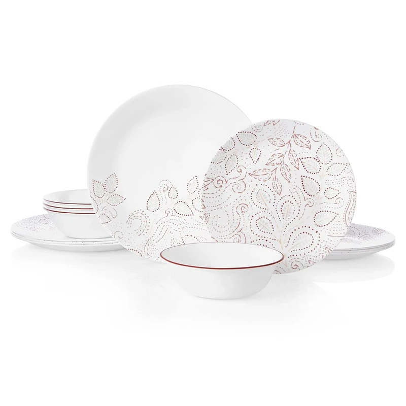 Corelle Leaf Stitch 12-Piece Dinnerware Set Service for 4 red - Image 1
