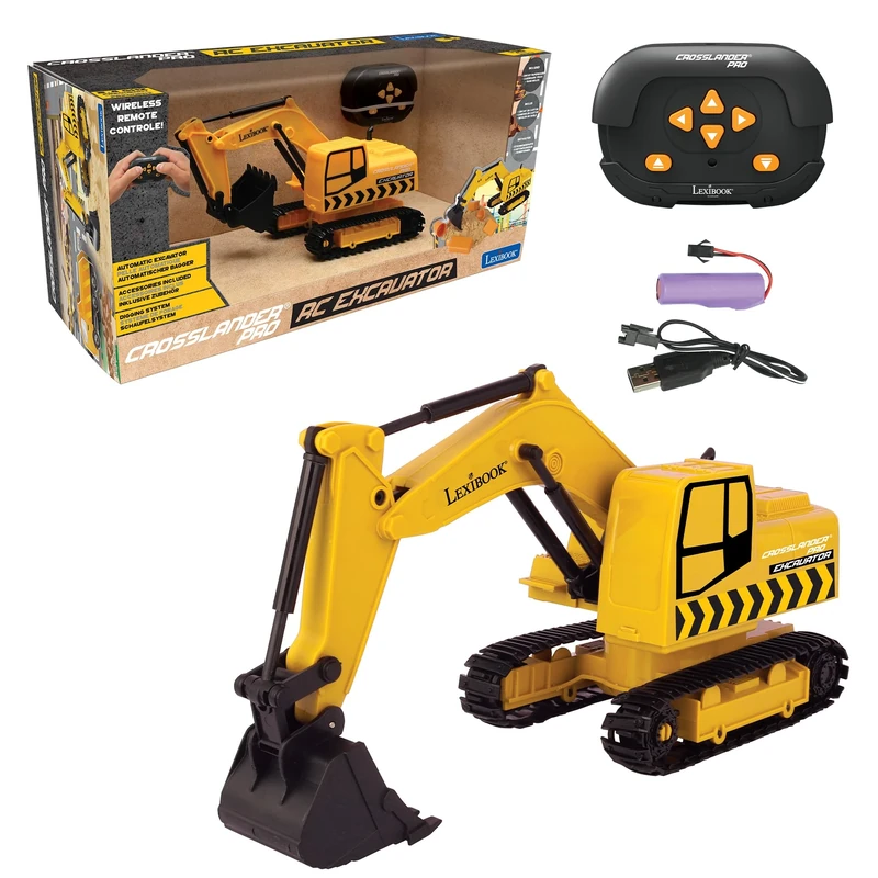 LEXIBOOK, Crosslander® Pro, RC Excavator, remote controlled backhoe, automatic shovel, play mat, sand moulds, 2 trucks and a bridge in boxes included, rechargeable, RCP30