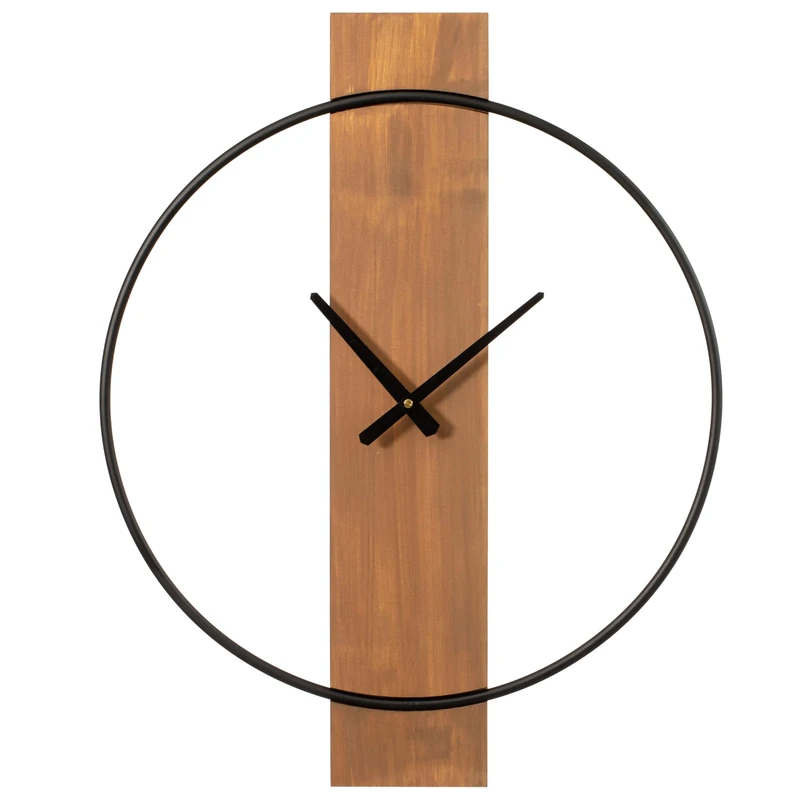 Clockswise Quickway Decorative Modern Wall Clock with Black Metal Frame on Rectangular Wood Board, for Dining, Living Room, or Kitchen, 20'' Dia, Brown