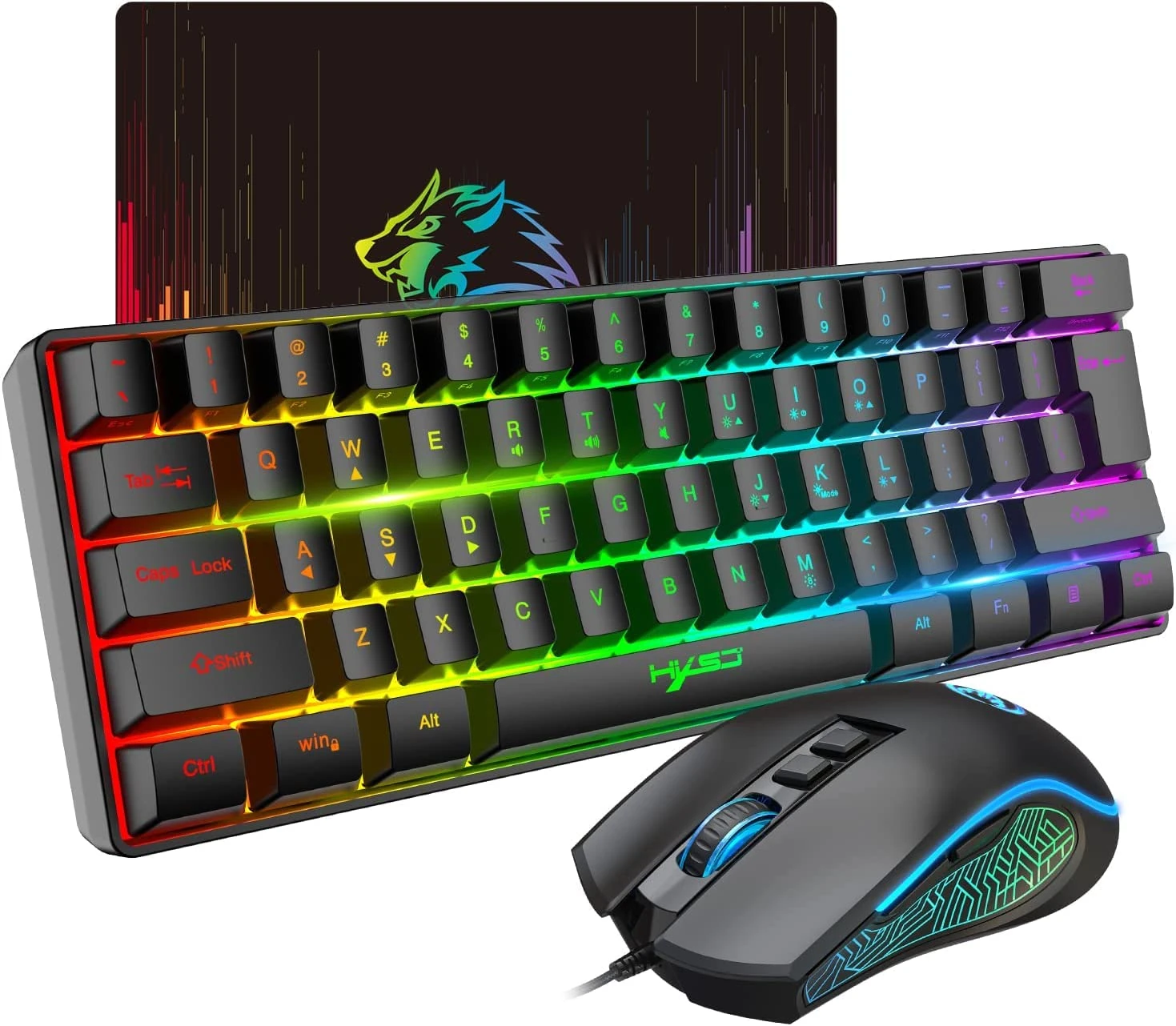 HXSJ V700 Gaming Keyboard and Mouse Combos,60% Ultra Compact Wired Keyboard,61 Keys TKL Layout,RGB Backlit,Gaming Optical Sensor Mouse with 7 Buttons,7 Color LED light,Up to 3600DPI,for PC,Mac-Black