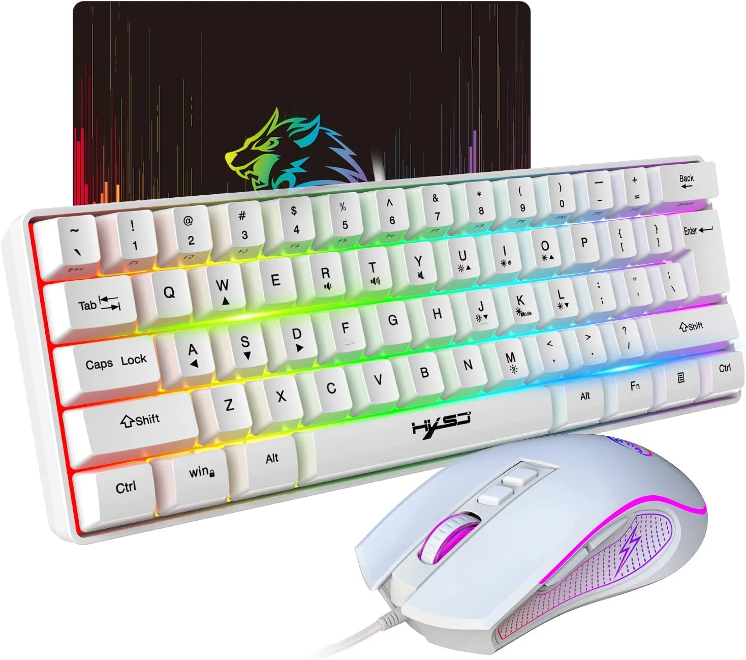HXSJ V700 Gaming Keyboard and Mouse Combos,60% Ultra Compact Wired Keyboard,61 Keys TKL Layout,RGB Backlit,Gaming Optical Sensor Mouse with 7 Buttons,7 Color LED light,Up to 3600DPI,for PC,Mac-White