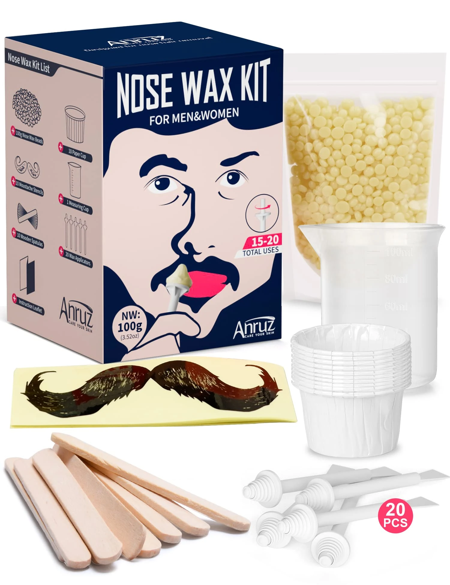 ANRUZ Nose Waxing Kit - Painless & Safe Nose Hair Removal with 100g Wax Beads, 10 Spatula, 20 Applicators & 10 Paper Cups