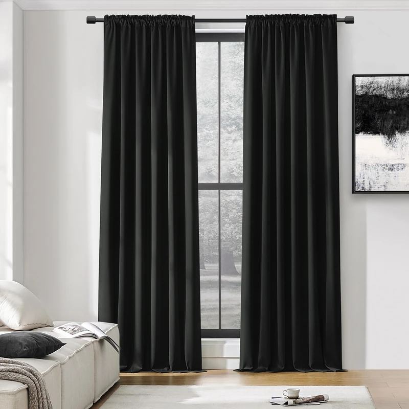 DONREN Extra Long 108 inch Length Blackout Curtains for Large Windows,Rod Pocket Soft and Touching Living Room Sweep to Floor for Villa(Black,2 Pack,52 W by 108 inches Long) - Image 1