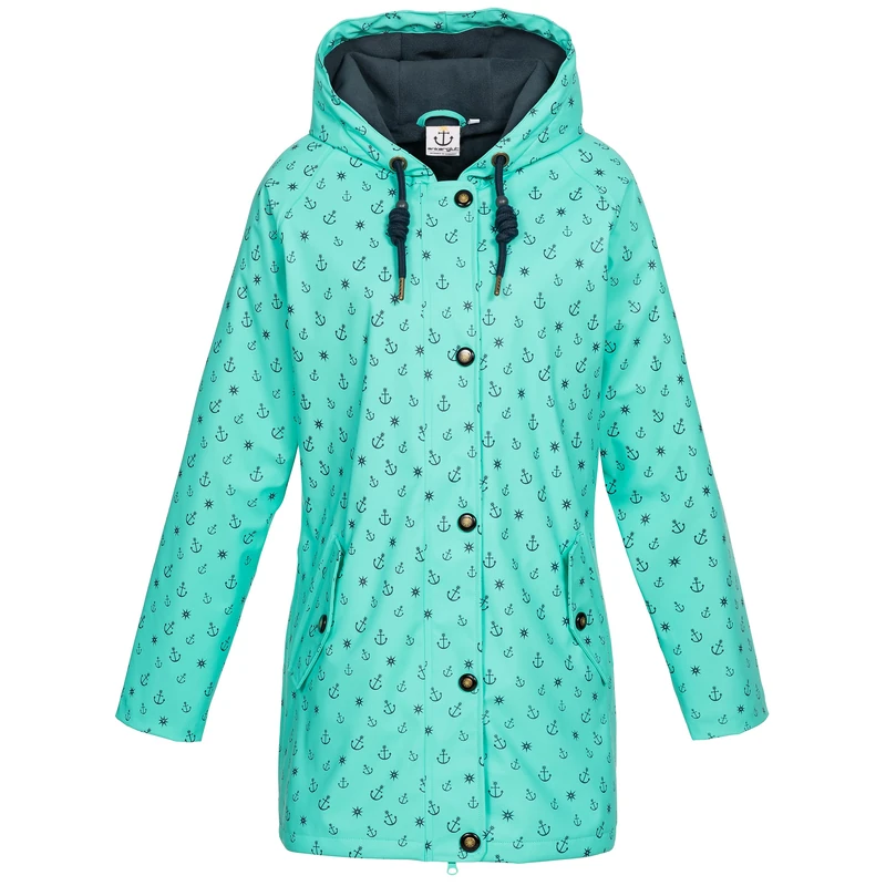 Ankerglut Women's Damen Friesennerz Regenmantel Regenjacke mit Kapuze Gefüttert Wasserdicht Wetterfest Übergangsjacke #ankerglutwolke Rain Jacket, turqoiuse, 34