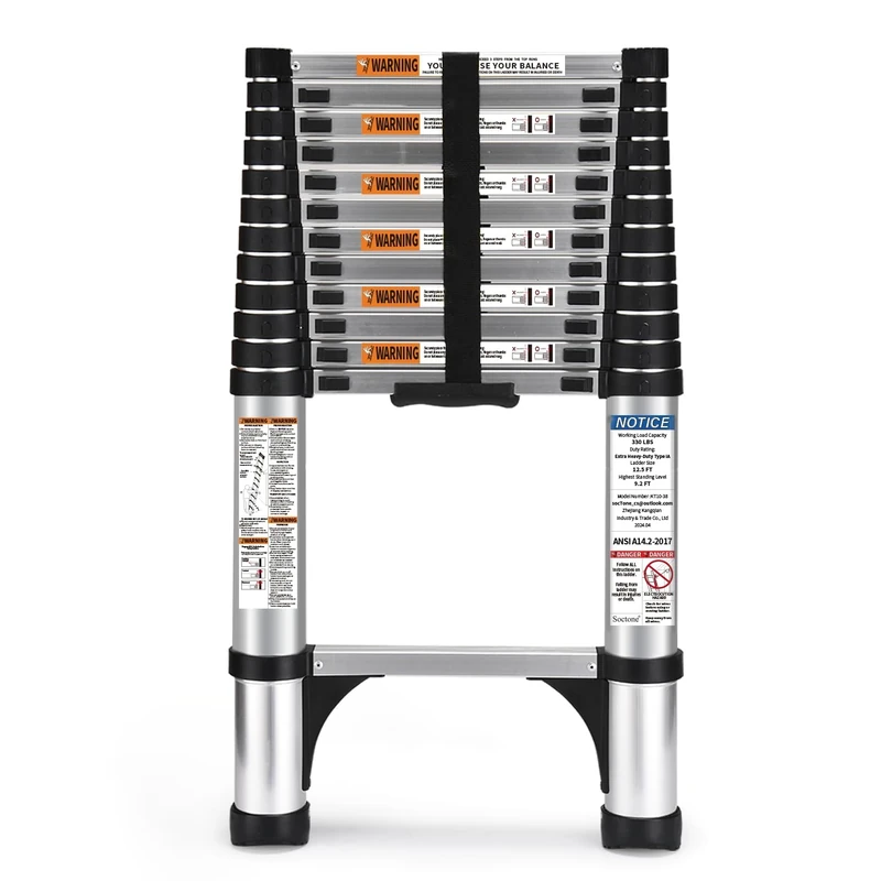 SocTone Telescoping Ladder, 12.5 FT Aluminum Lightweight Extension Ladder with 2 Triangle Stabilizers, Heavy Duty 330lbs Max Capacity, Multi-Purpose Collapsible Ladder for RV or Outdoor Work - Image 1