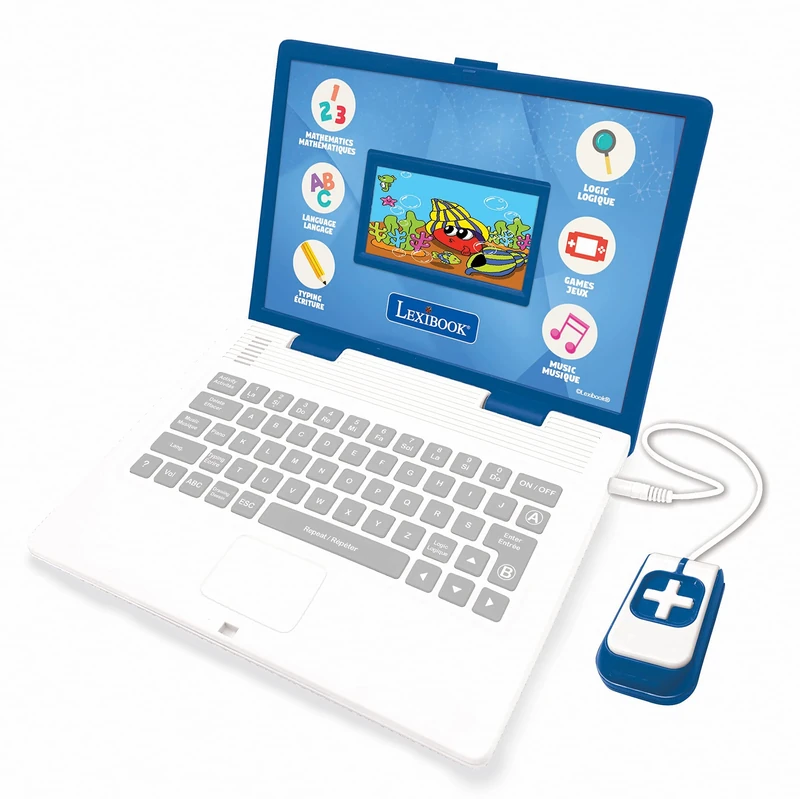 LEXIBOOK, Educational and Bilingual Laptop French/English with colour screen, 130 Activities to learn languages, typing, math, logic, music and play games, Blue/white, JC798i1