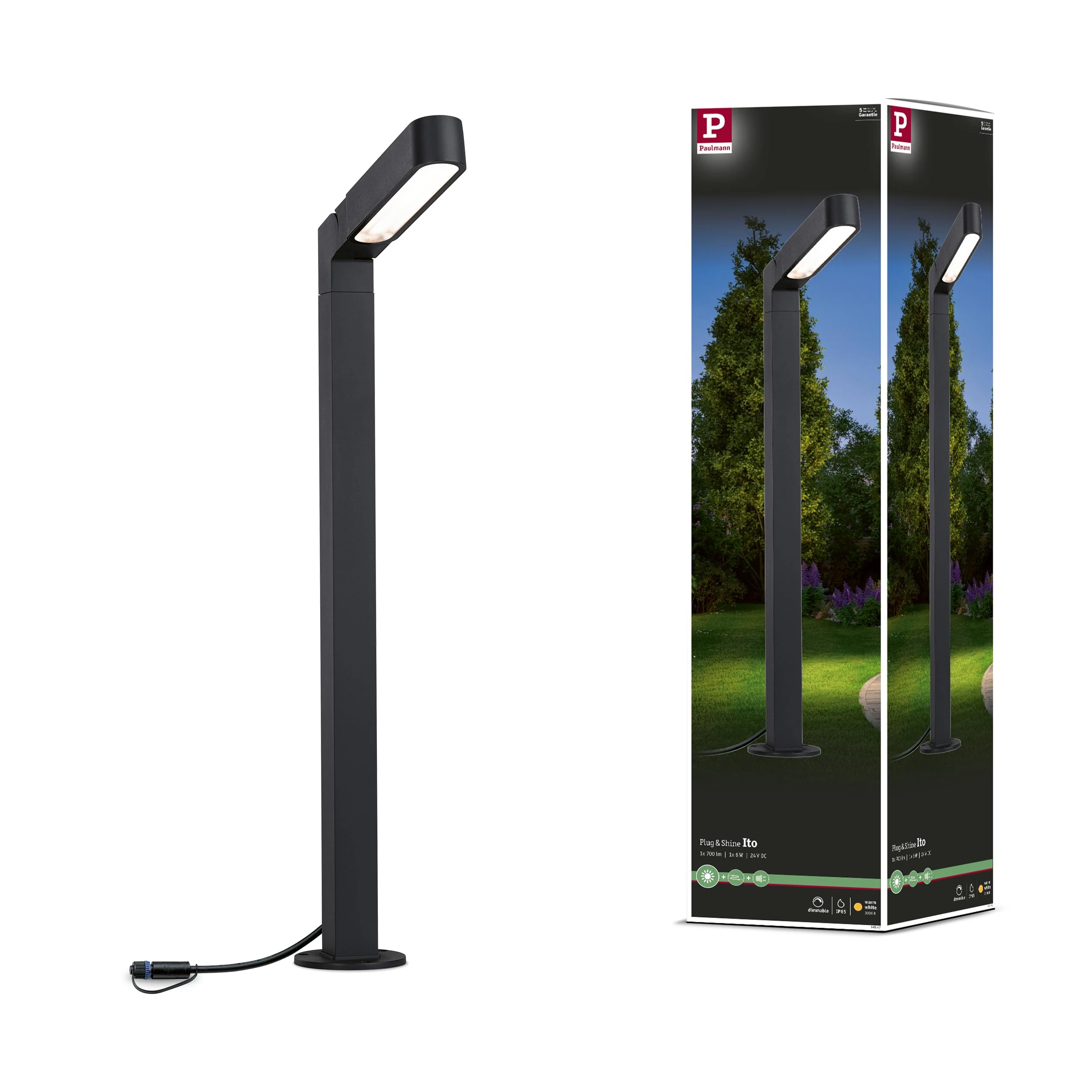 Paulmann 94547 Plug & Shine LED outdoor luminaire Plug & Shine bollard light Ito Vertical IP65 incl. 1x6W Anthracite Metal, Plastic 3000K