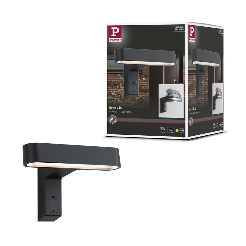 Paulmann 94548 LED outdoor luminaire wall luminaire Ito Horizontal IP44 227x159mm 65° motion sensor 1x6 watt Outdoor anthracite metal, plastic 3000K