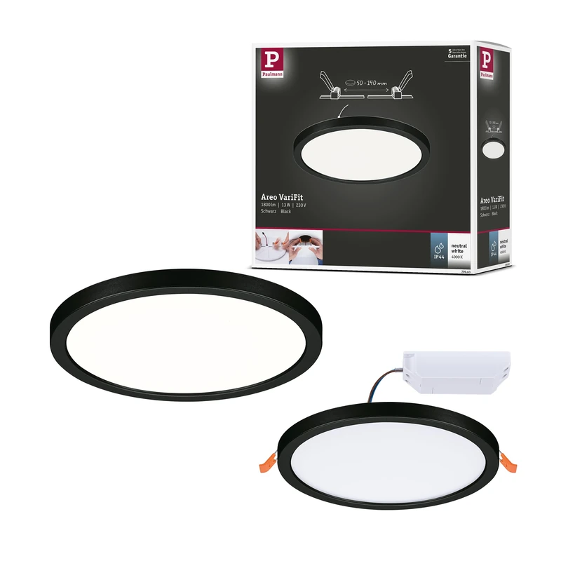 Paulmann 79963 recessed LED panel Areo IP44 175mm round incl. 1x13W Warm white Black Plastic Lighting system 3000K