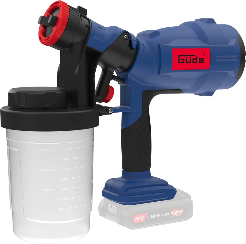 Güde Battery Spray Gun FP 18-0 (18 V, Paint Container 0.9 L, with Nozzles: Diameter 2.0 and 2.5 mm, 3 Spray Patterns, 0.7 l/min, Even Paint Application, Easy to Clean, with Accessories, Battery and