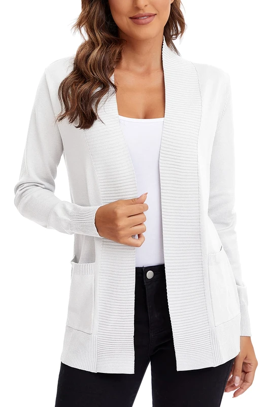 Urban CoCo Women's Lightweight Open Front Knit Cardigan Sweater Long Sleeve with Pocket, White, Large - Image 1