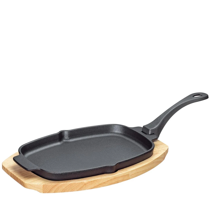 Kuchenprofi BBQ Serving Pan Cast Iron on Wooden Board, Oval, 30 x 19 x 2.5 cm, with Removable Handle and Pourer, Cast Iron Grill Pan for Vegetables, Fish and Meat for Any Grill (0305151026)
