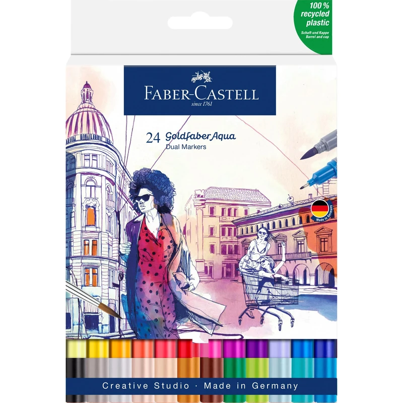 Faber-Castell Creative Studio Goldfaber Aqua Dual Marker, Multicoloured, Marker Wallet Of 24, For Art, Craft, Drawing, Sketching, Home, School, University, Colouring