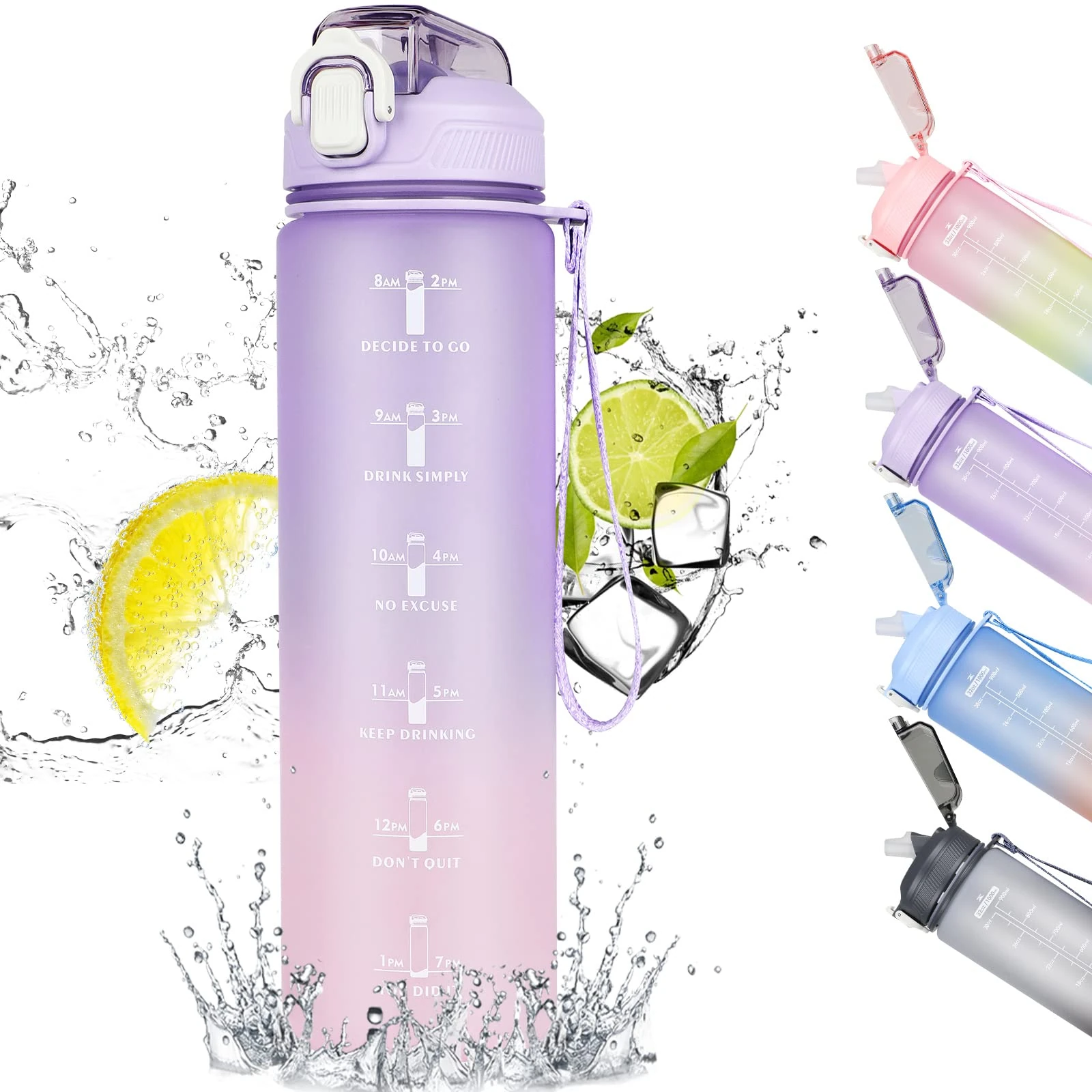 CodiCile 1L Water Bottle, Sports Water Bottle with Straw and Time Markings,Motivational Leakproof 1 litre Water Bottle with BPA Free Lid for Sports Gym Office Running (Gradient Purple)