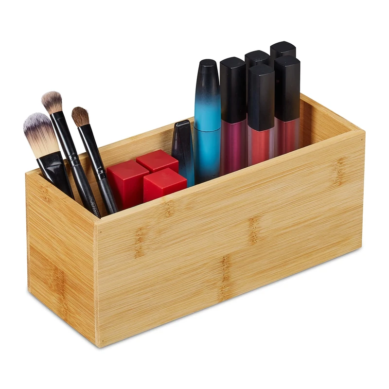 Relaxdays Bamboo Organiser Box, Narrow, Long, Storage for Kitchen, Bathroom, Office, HxWxD: 9.5 x 23 x 9 cm, Natural