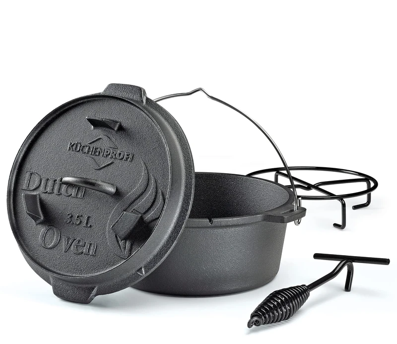Küchenprofi BBQ Dutch Oven Cast Iron 3.5 L Diameter 24 cm Without Feet Ready Baked Cast Iron Pot with Lid Lifter for Grill, Fire Pits, All Hob Types (Including Induction) and Oven