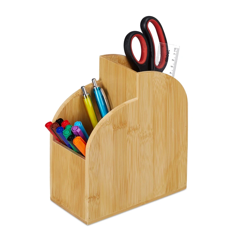 Relaxdays Pen Holder, Desk Organiser for Office and Home, Stationery and Brushes Storage, HWD 20x17x9 cm, Bamboo, Brown - Image 1