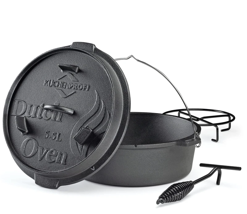 Küchenprofi BBQ Dutch Oven Cast Iron 5.5 Litres Diameter 30 cm Without Feet Ready Baked Cast Iron Pot with Lid Lifter for Grill, Fire Pits, All Cookers (Including Induction) and Oven