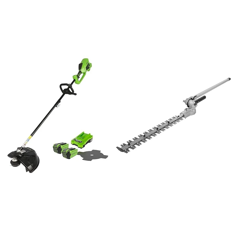 Greenworks Cordless Lawn Trimmer 40V 40cm, 25cm Brush Cutter Blade, Pole Hedge Trimmer Attachment, incl. 2 Battery 2Ah & Charger