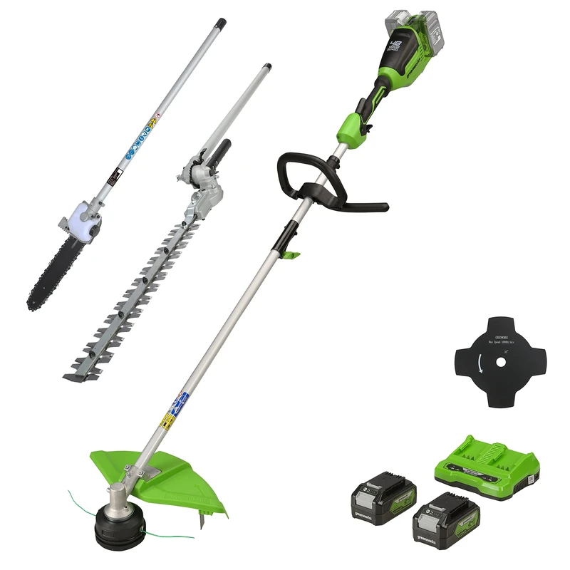 Greenworks Cordless Grass Trimmer 48V(2×24V) 40cm, 25cm Brush Cutter Blade, Pole Hedge Trimmer and Chainsaw Attachment, incl. 2 Battery 4Ah & Dual Slot Charger
