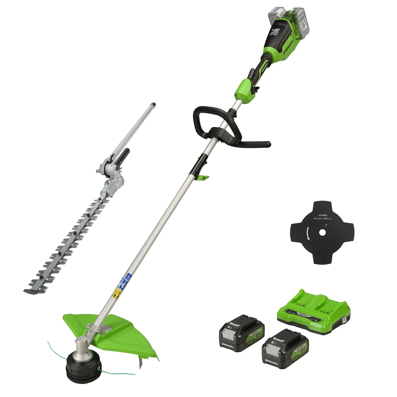 Greenworks 48V (2x24V) Cordless Strimmer for Small to Medium Gardens, 40cm Cutting Width, Bump Feed, 2mm Dual Nylon Line + Greenworks Original Hedge Trimmer Attachment