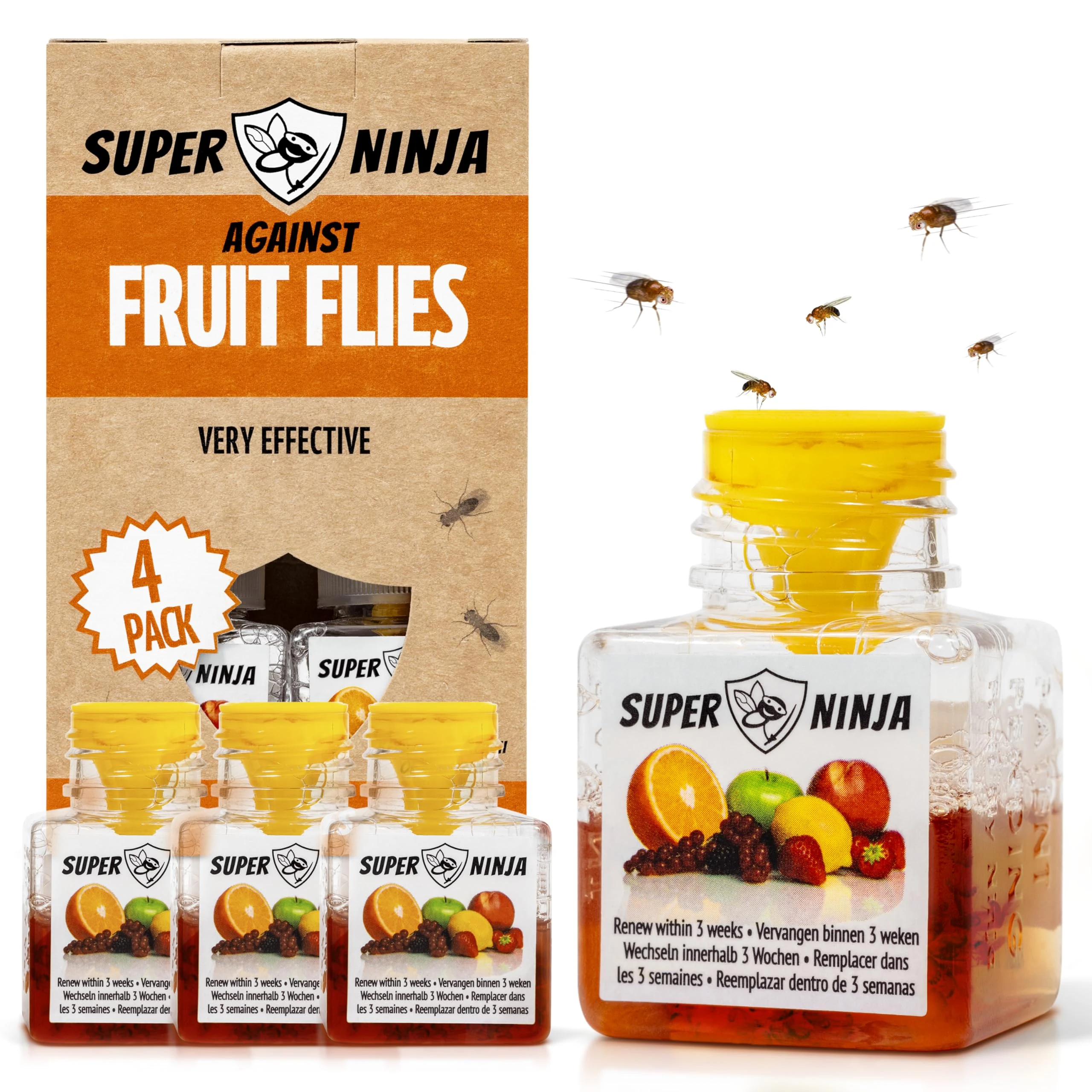 Super Ninja Fruit Fly Trap - 4 pack, Highly Effective Fruit Fly Killer for Home & Kitchen, Up to 3 Weeks of Performance per Bottle, Child & Pet Friendly