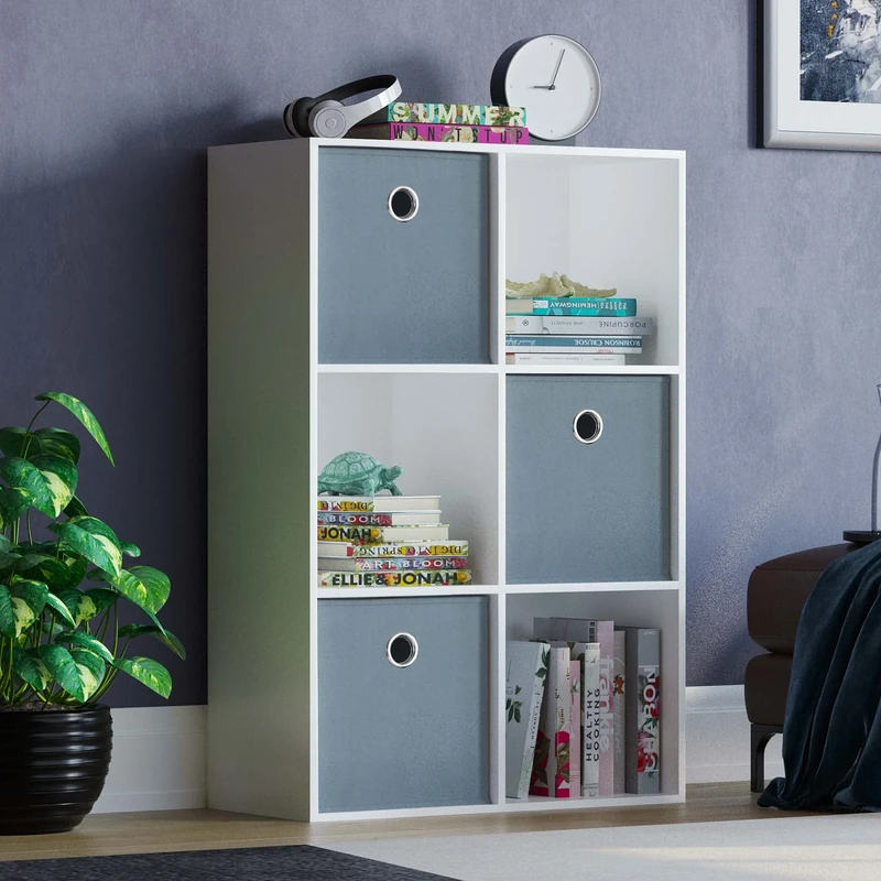 Vida Designs Durham Cube Bookcase Storage Organiser Living Room Bookshelf Home Office Furniture (6 Cube & 3 Grey Baskets, White)