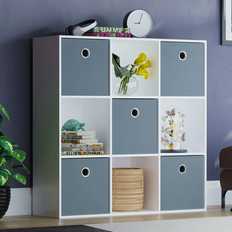 Vida Designs Durham Cube Bookcase Storage Organiser Living Room Bookshelf Home Office Furniture (9 Cube & 5 Grey Baskets, White)