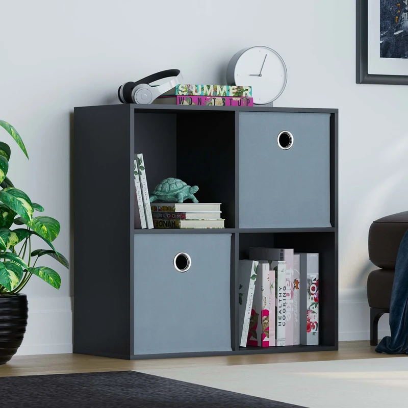 Vida Designs Durham Cube Bookcase Storage Organiser Living Room Bookshelf Home Office Furniture (4 Cube & 2 Grey Baskets, Black)
