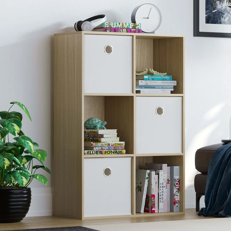 Vida Designs Durham Cube Bookcase Storage Organiser Living Room Bookshelf Home Office Furniture (6 Cube & 3 White Baskets, Oak)