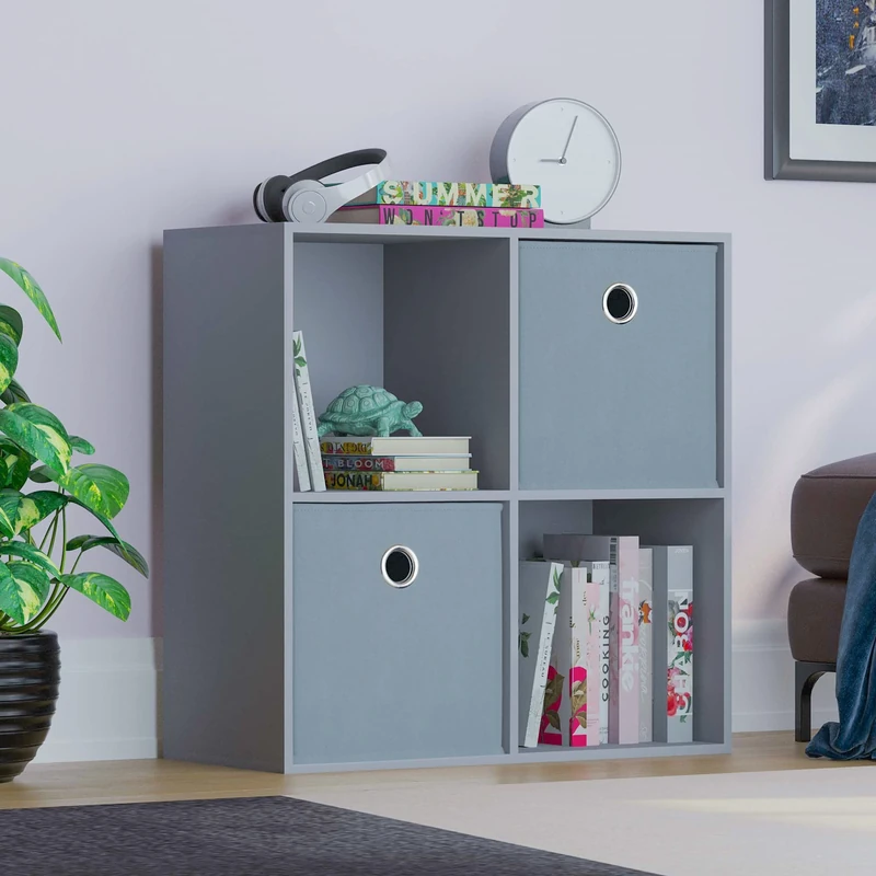 Vida Designs Durham Cube Bookcase Storage Organiser Living Room Bookshelf Home Office Furniture (4 Cube & 2 Grey Baskets, Grey)
