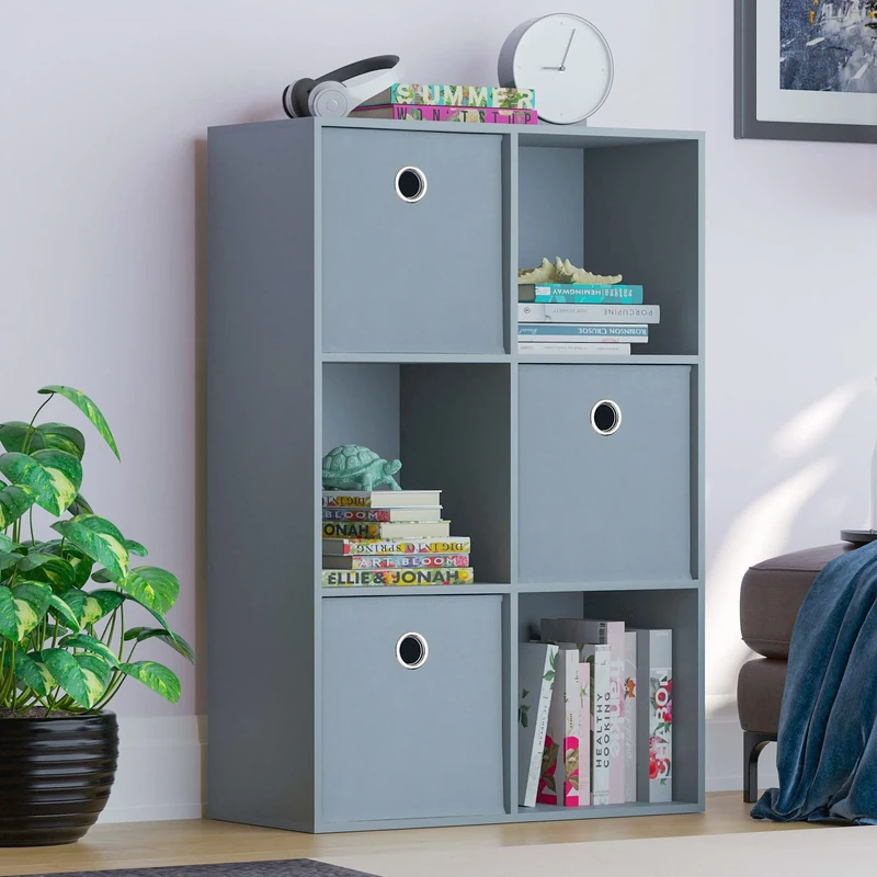 Vida Designs Durham Cube Bookcase Storage Organiser Living Room Bookshelf Home Office Furniture (6 Cube & 3 Grey Baskets, Grey)