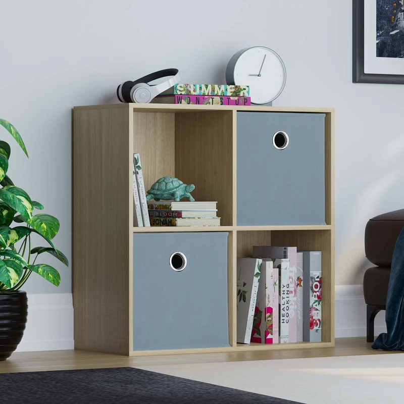 Vida Designs Durham Cube Bookcase Storage Organiser Living Room Bookshelf Home Office Furniture (4 Cube & 2 Grey Baskets, Oak)