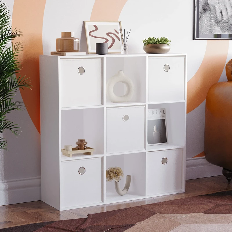 Vida Designs Durham Cube Bookcase Storage Organiser Living Room Bookshelf Home Office Furniture (9 Cube & 5 White Baskets, White)