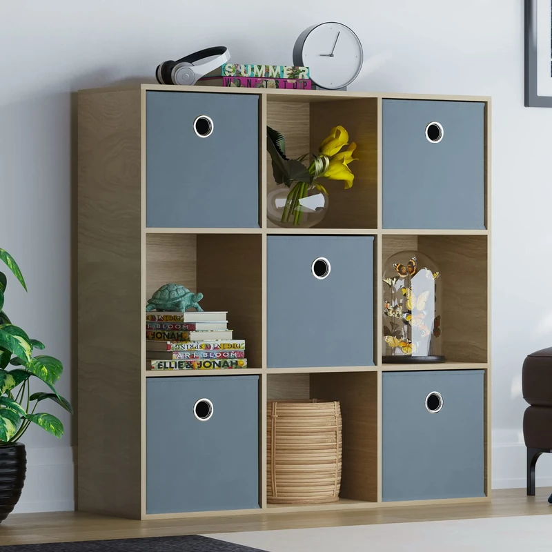 Vida Designs Durham Cube Bookcase Storage Organiser Living Room Bookshelf Home Office Furniture (9 Cube & 5 Grey Baskets, Oak)