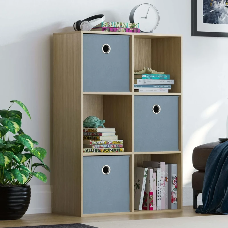 Vida Designs Durham Cube Bookcase Storage Organiser Living Room Bookshelf Home Office Furniture (6 Cube & 3 Grey Baskets, Oak)