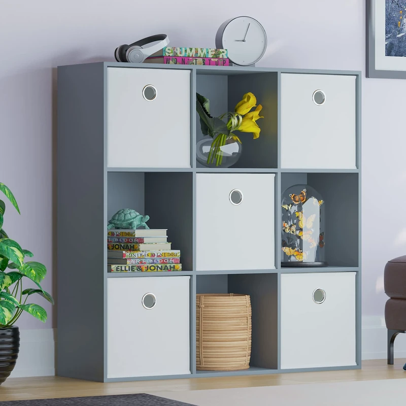 Vida Designs Durham Cube Bookcase Storage Organiser Living Room Bookshelf Home Office Furniture (9 Cube & 5 White Baskets, Grey)