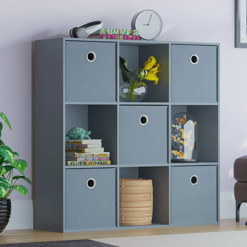 Vida Designs Durham Cube Bookcase Storage Organiser Living Room Bookshelf Home Office Furniture (9 Cube & 5 Grey Baskets, Grey)