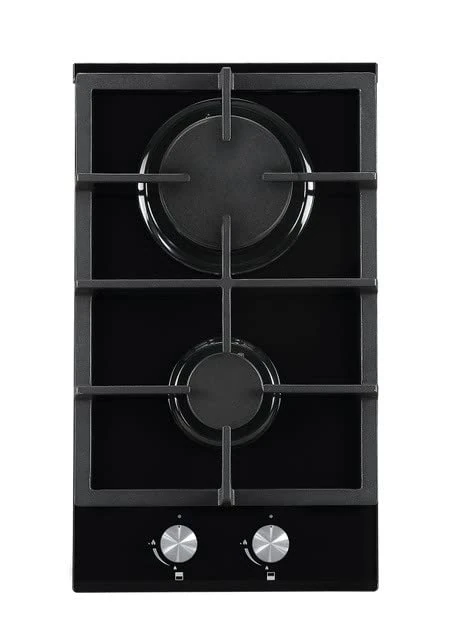 Cookology GGH306BK Gas on Glass Hob 30cm Built-in 2 Burners with Cast Iron Pan Supports, Auto Igniton and LPG Conversion Kit - In Black