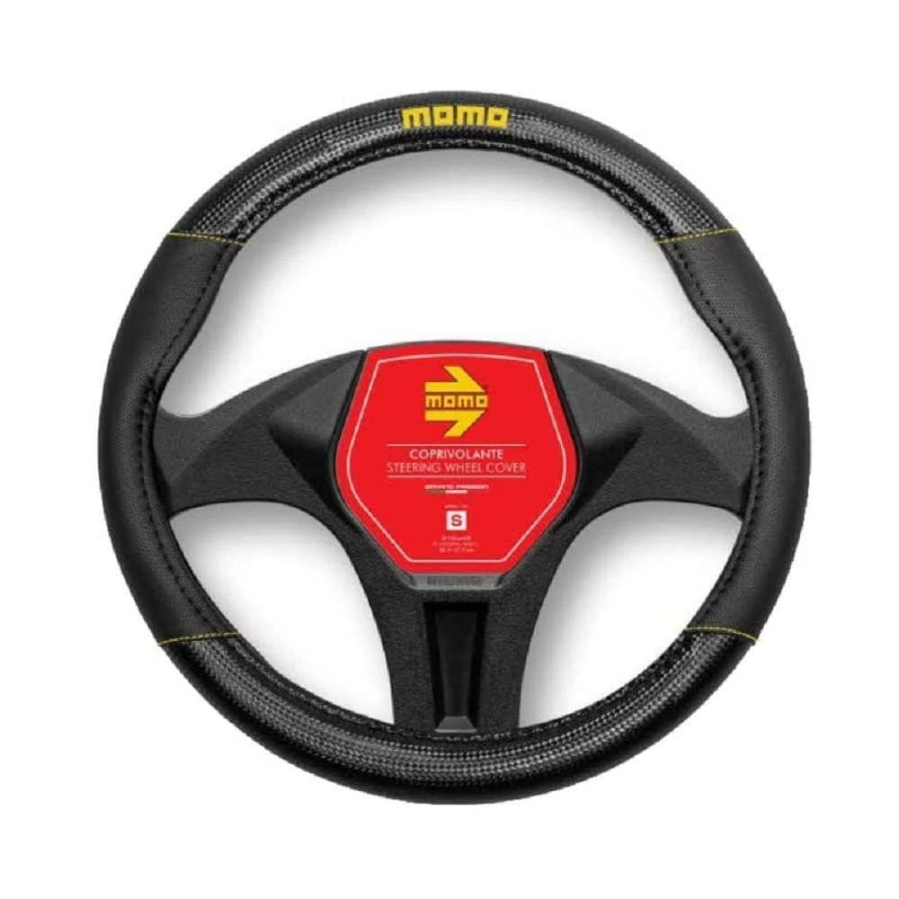 MOMO CARBON UNIVERSAL STEERING WHEEL COVER BLACK AND YELLOW