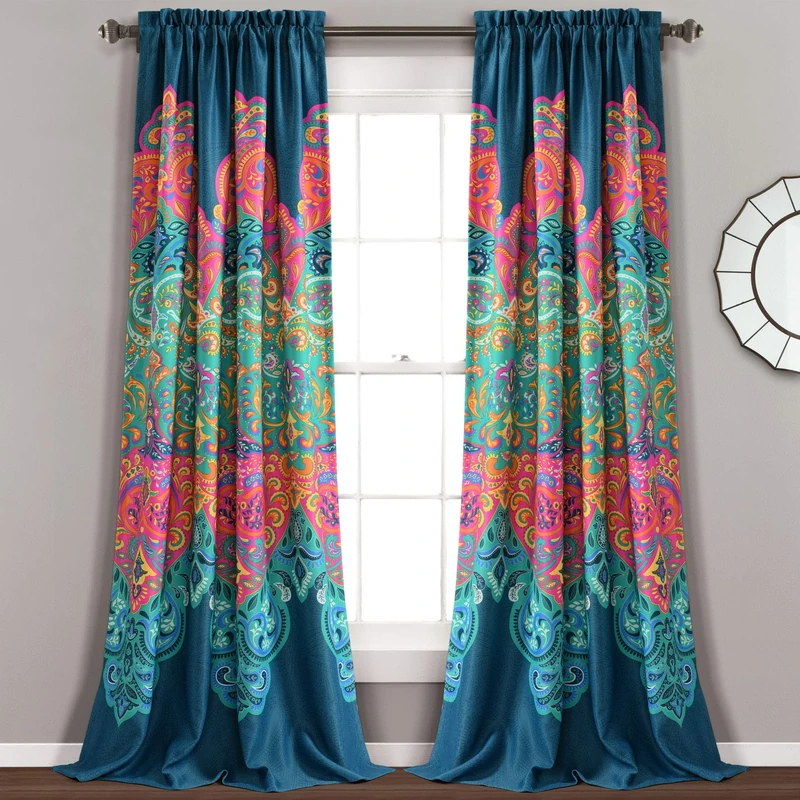 Lush Decor Boho Chic Light Filtering Window Curtain Panel Pair, 108" L x 52" W, Turquoise & Navy