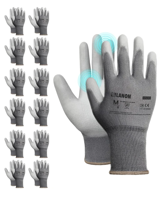 LANON 12-Pair Safety Work Gloves - PU Coated, Power Grip, EN388 XL