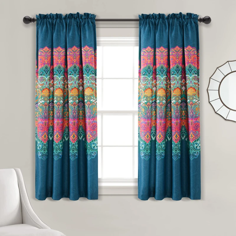 Lush Decor Boho Chic Light Filtering Window Curtain Panel Pair, 63" L x 52" W, Turquoise & Navy