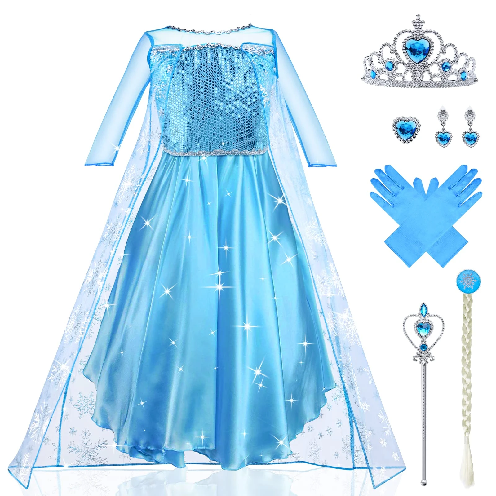 URAQT Elsa Dress, Elsa Princess Costume with Fairy Wand and Crown Tiara, Elsa Anna Dress Up for Girls, Deluxe Girls Fancy Dress for Party Cosplay Bridesmaid Pageant (110cm 3-4 Years)