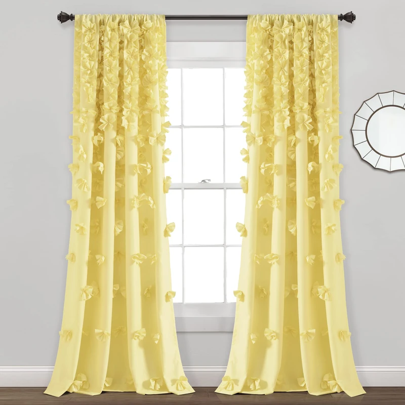 Lush Decor Riley Window Curtain Panel - Charming Handmade Bow Details - Elegant Light Filtering Single Curtain for Living Room, Dining Room, or Bedroom - 54" W x 84" L, Yellow