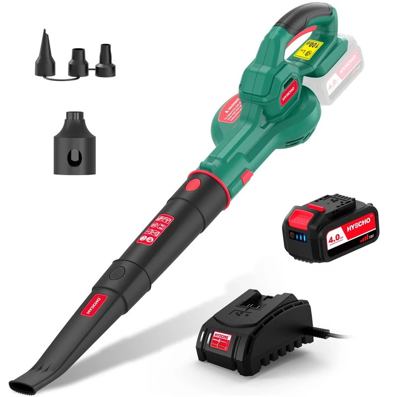 Cordless Leaf Blower HYECHO 18V 4.0AH Garden Blower Battery Blower Electric Leaf Blower with Battery and Charger With Inflatable Function Suitable for Leaves Blowing Dust Snow Removal